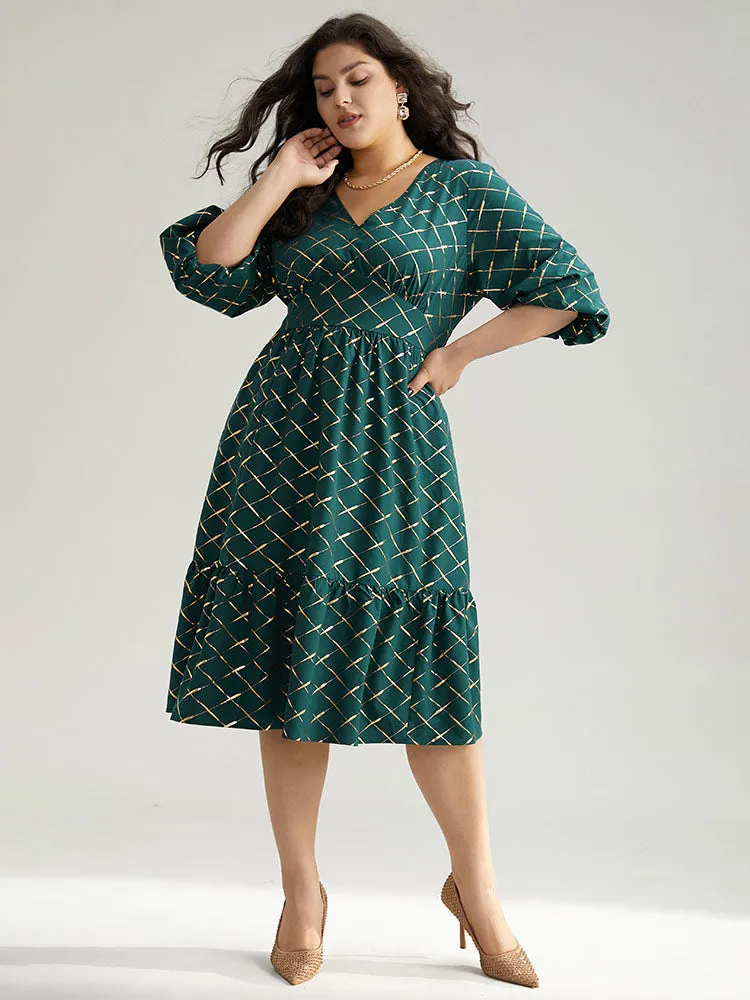Glitter Plaid Lantern Sleeve Ruffle Hem Dress sold by Bloomchic product image thumbnail 5
