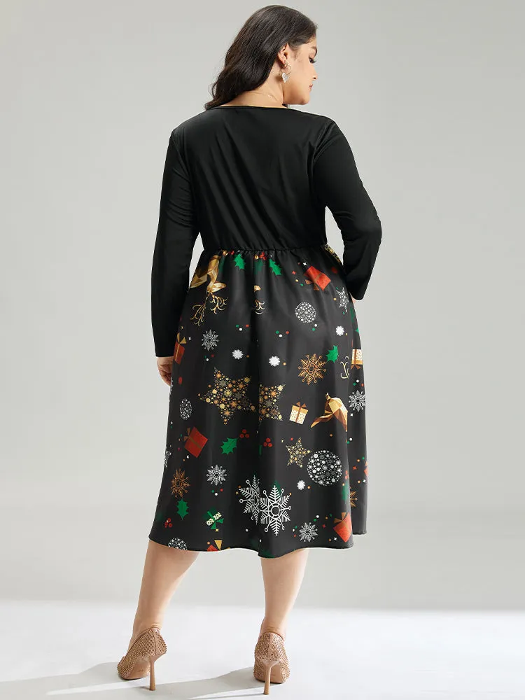 Christmas Print Patchwork Scalloped Trim Elastic Waist Dress sold by Bloomchic product image thumbnail 3