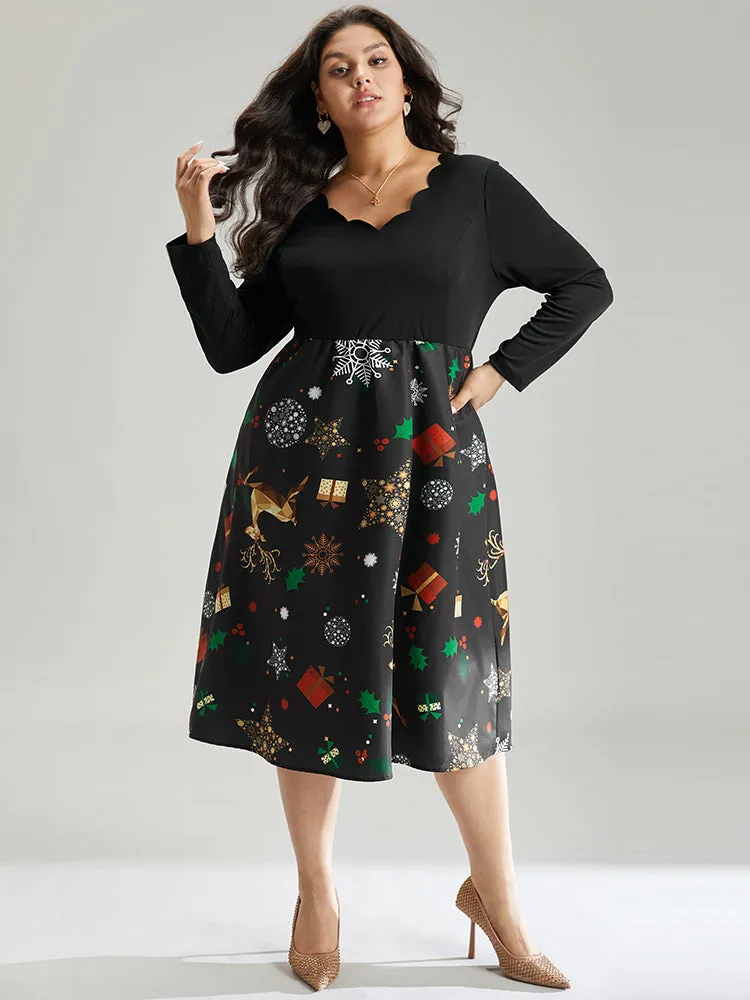 Christmas Print Patchwork Scalloped Trim Elastic Waist Dress sold by Bloomchic product image thumbnail 5