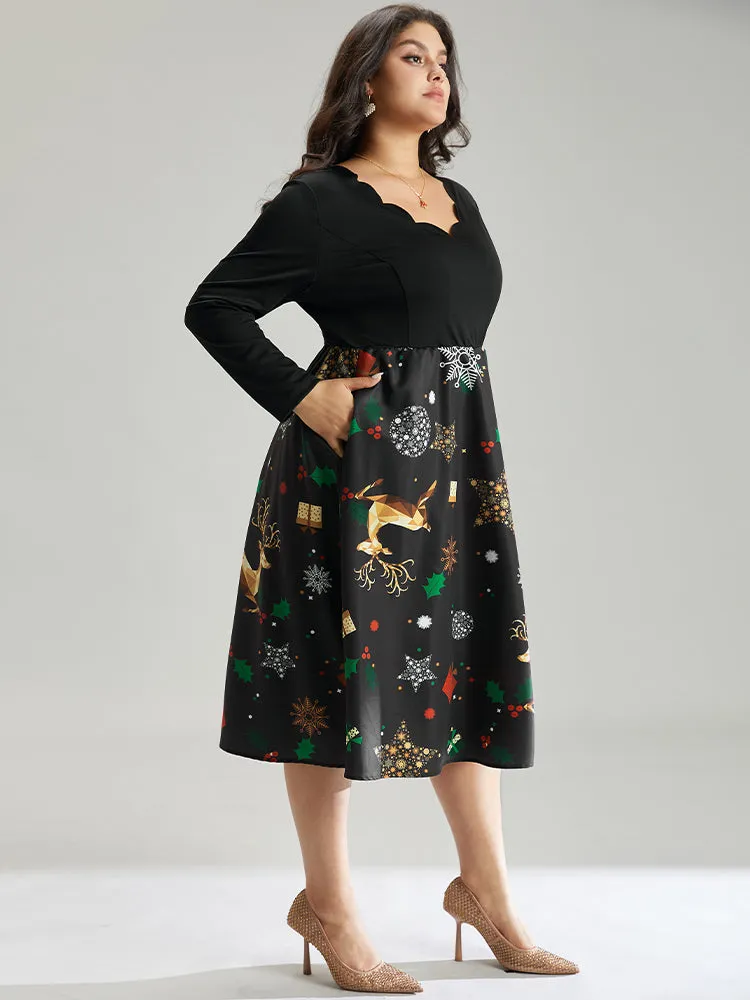 Christmas Print Patchwork Scalloped Trim Elastic Waist Dress sold by Bloomchic product image thumbnail 4