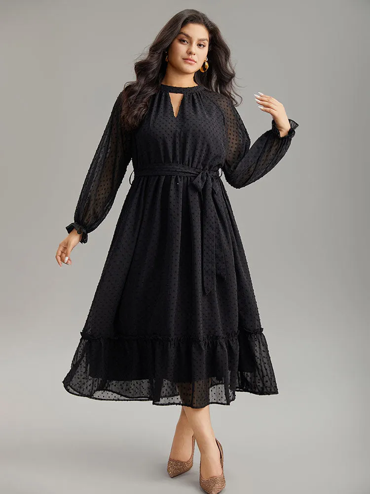 Chiffon Texture Belted Mesh Keyhole Frill Trim Dress sold by Bloomchic