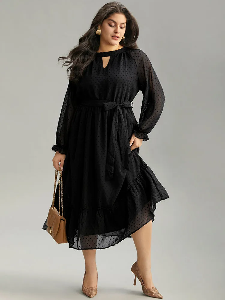 Chiffon Texture Belted Mesh Keyhole Frill Trim Dress sold by Bloomchic product image thumbnail 4