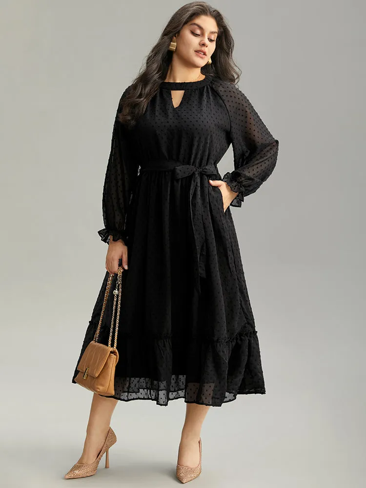 Chiffon Texture Belted Mesh Keyhole Frill Trim Dress sold by Bloomchic product image thumbnail 2