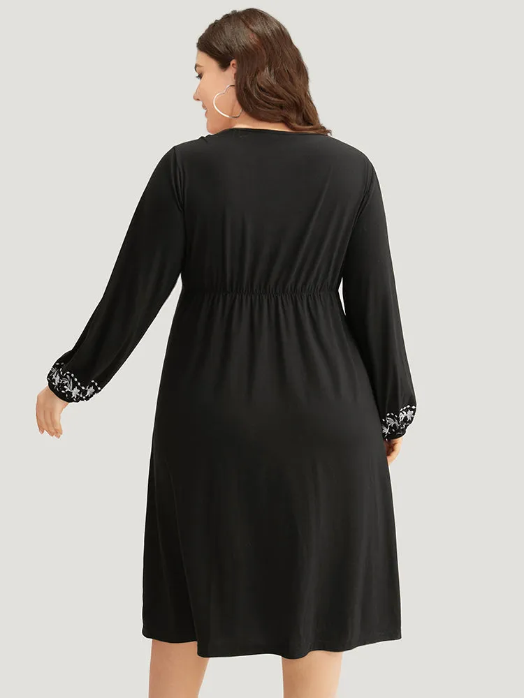Floral Embroidered Tie Neck Pocket Dress sold by Bloomchic product image thumbnail 4