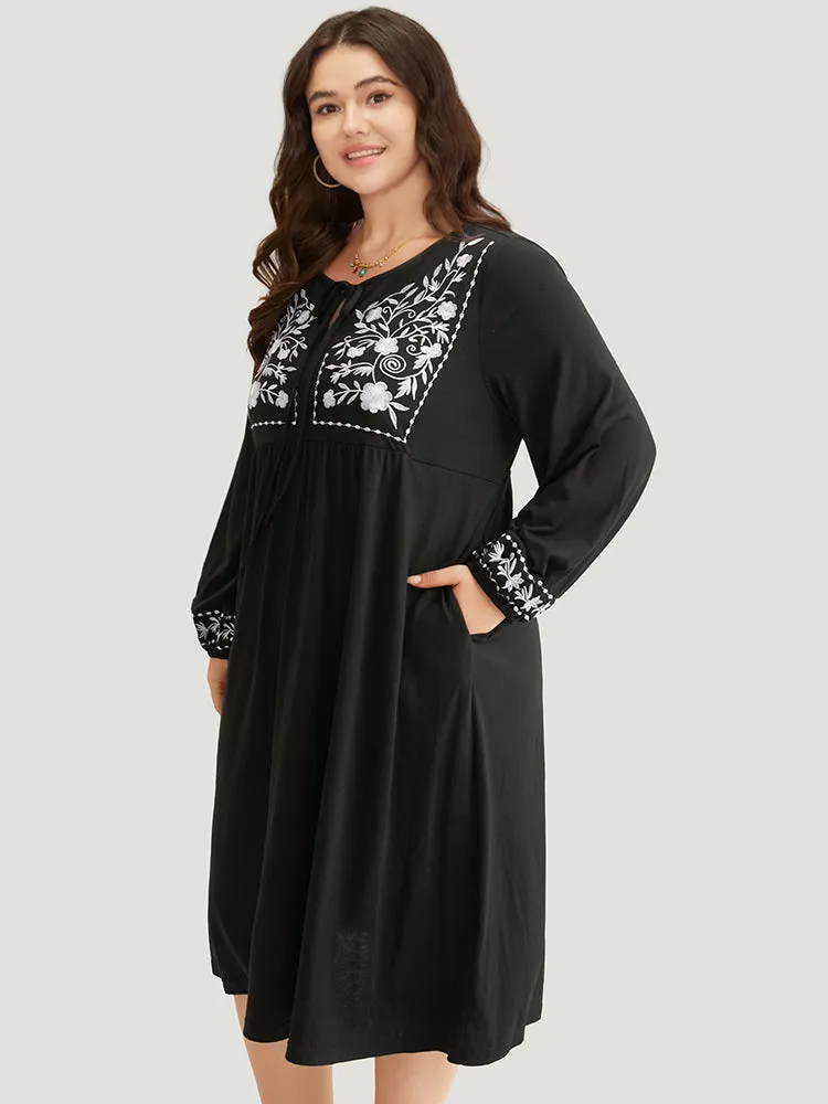 Floral Embroidered Tie Neck Pocket Dress sold by Bloomchic product image thumbnail 3