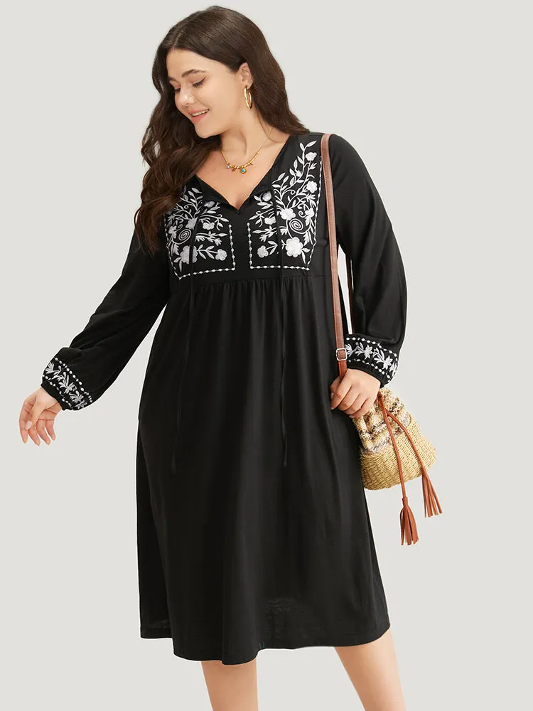 Floral Embroidered Tie Neck Pocket Dress sold by Bloomchic product image thumbnail 2