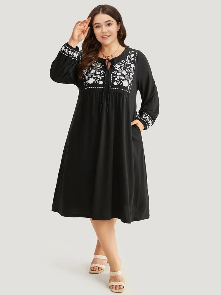 Floral Embroidered Tie Neck Pocket Dress sold by Bloomchic product image thumbnail 5