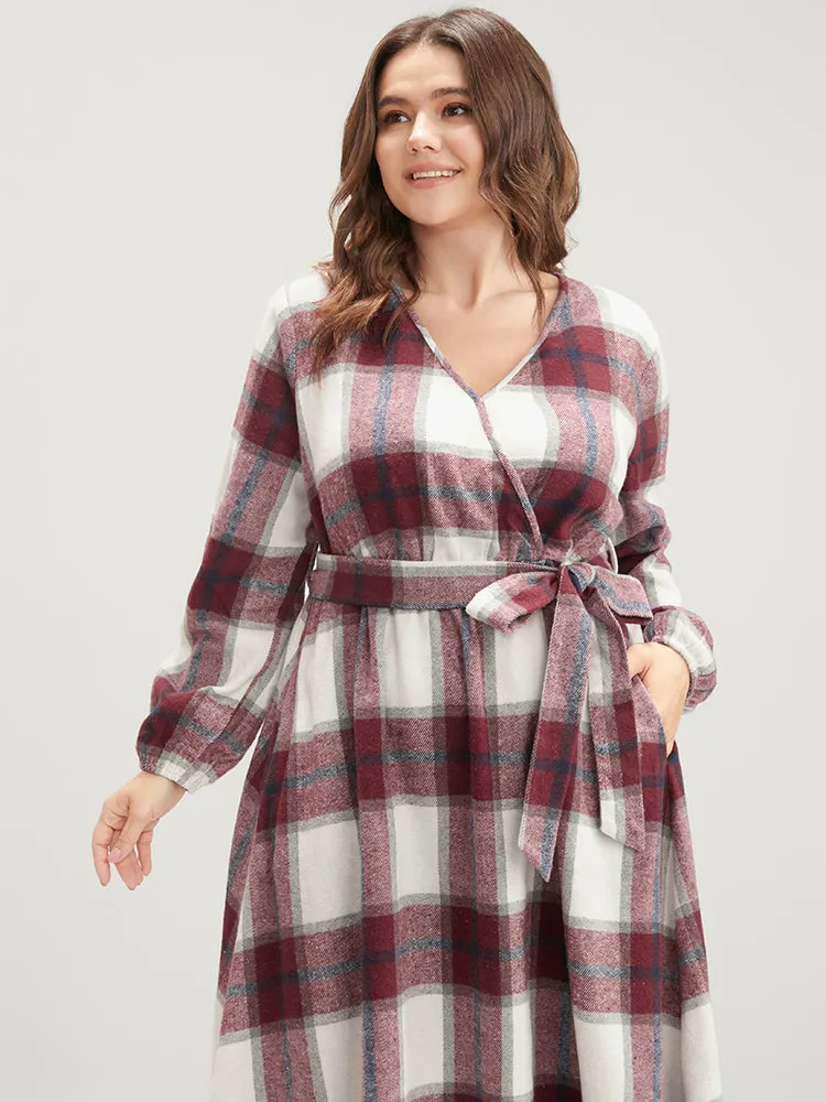 Plaid Surplice Neck Pocket Belted Midi Dress sold by Bloomchic product image thumbnail 4