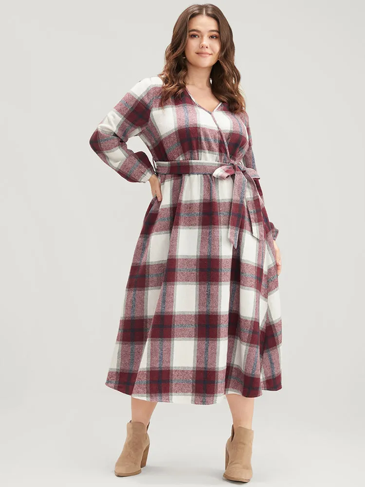 Plaid Surplice Neck Pocket Belted Midi Dress sold by Bloomchic product image thumbnail 3