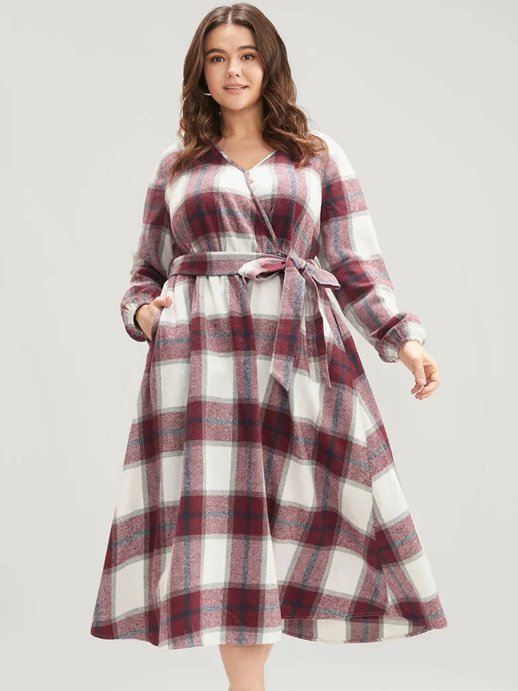 Plaid Surplice Neck Pocket Belted Midi Dress sold by Bloomchic product image thumbnail 2