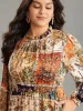 Boho Print Stand Collar Pleated Lantern Sleeve Dress sold by Bloomchic