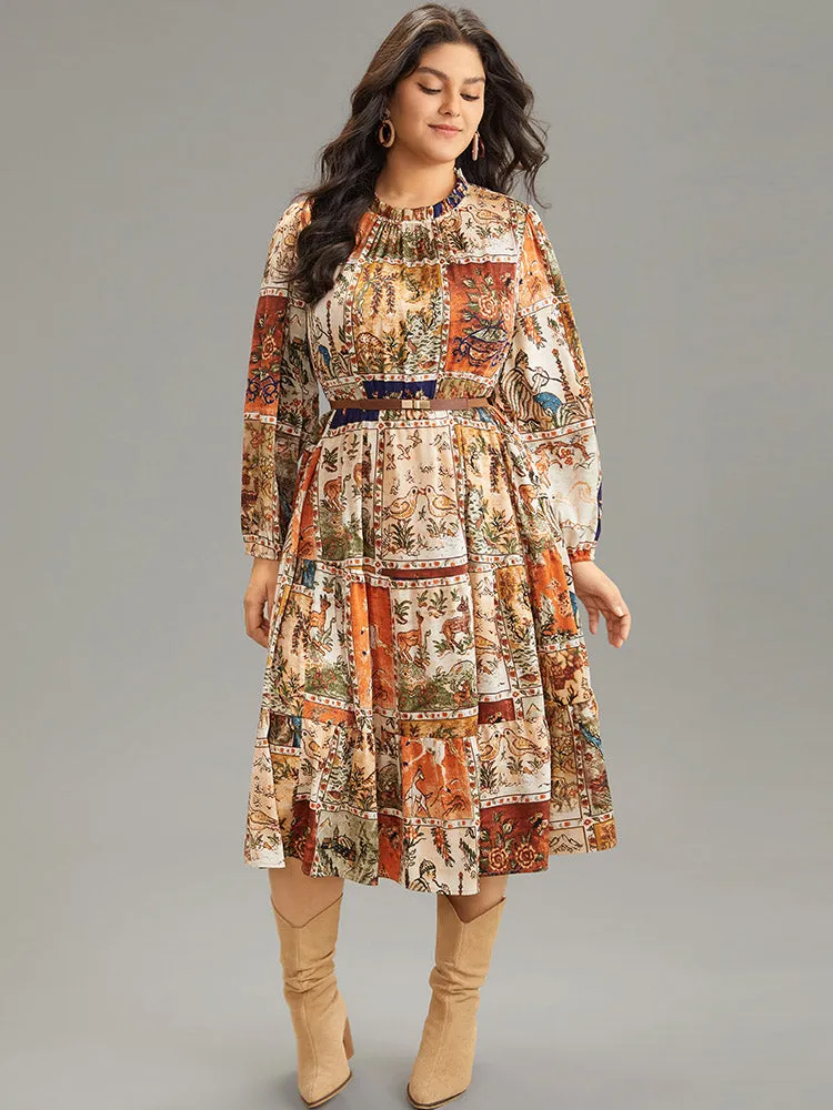 Boho Print Stand Collar Pleated Lantern Sleeve Dress sold by Bloomchic product image thumbnail 3
