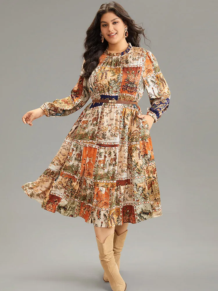 Boho Print Stand Collar Pleated Lantern Sleeve Dress sold by Bloomchic