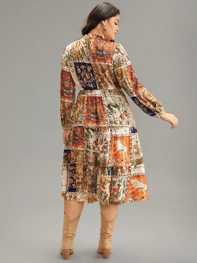 Boho Print Stand Collar Pleated Lantern Sleeve Dress sold by Bloomchic product image thumbnail 4