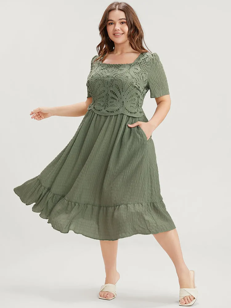 Solid Square Neck Pocket Lace Ruffles Hem Dress sold by Bloomchic