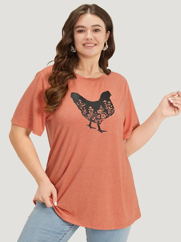Animal & Plants Print Round Neck T-shirt sold by Bloomchic