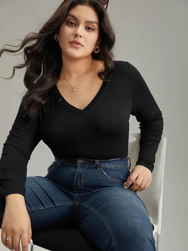 Solid Long Sleeve Basic V Neck Bodysuit sold by Bloomchic