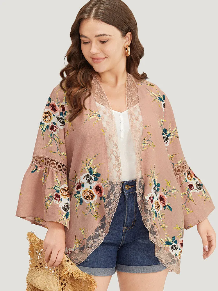 Contrast Lace Ruffle Open Front Cut Out Kimono sold by Bloomchic