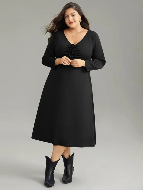 Solid Ruched Pocket Elastic Waist Ties Dress sold by Bloomchic