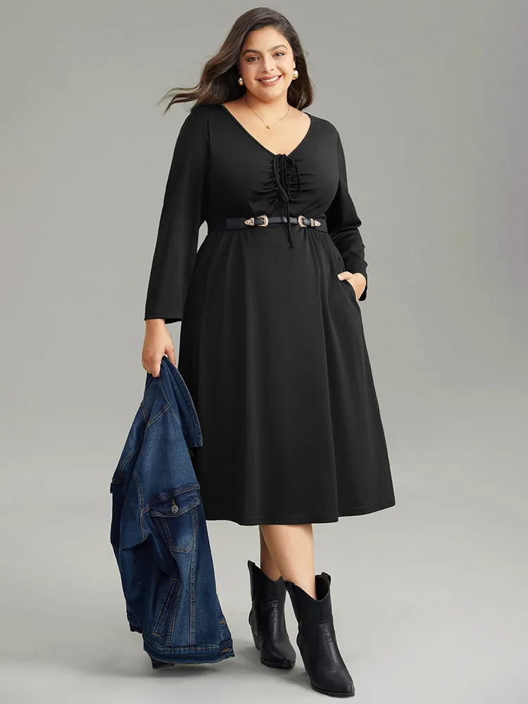 Solid Ruched Pocket Elastic Waist Ties Dress sold by Bloomchic product image thumbnail 2