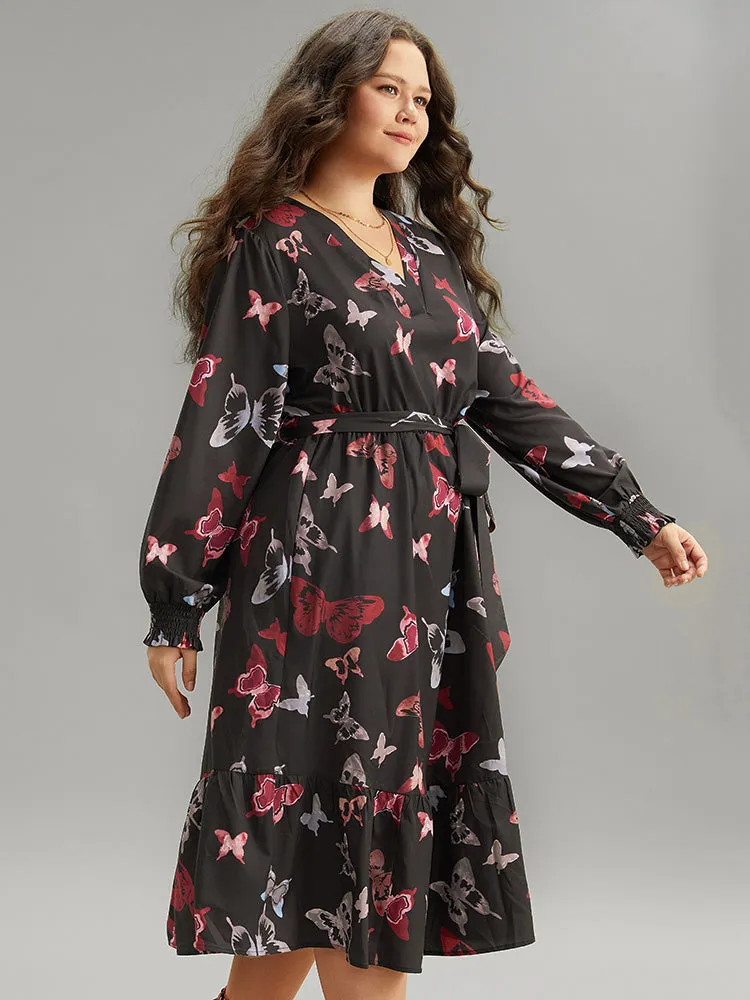 Butterfly Print Shirred Belted Layered Dress sold by Bloomchic product image thumbnail 4