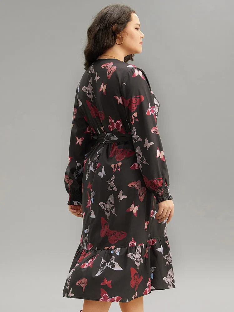Butterfly Print Shirred Belted Layered Dress sold by Bloomchic product image thumbnail 3