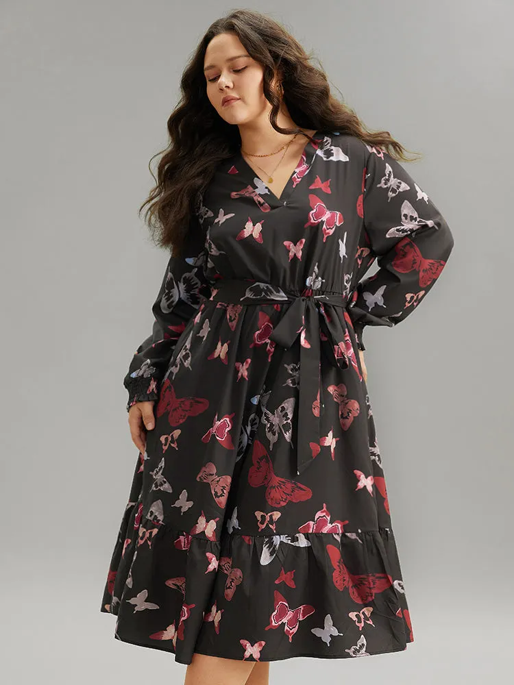 Butterfly Print Shirred Belted Layered Dress sold by Bloomchic product image thumbnail 2