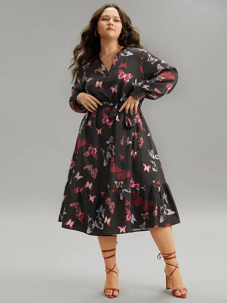 Butterfly Print Shirred Belted Layered Dress sold by Bloomchic