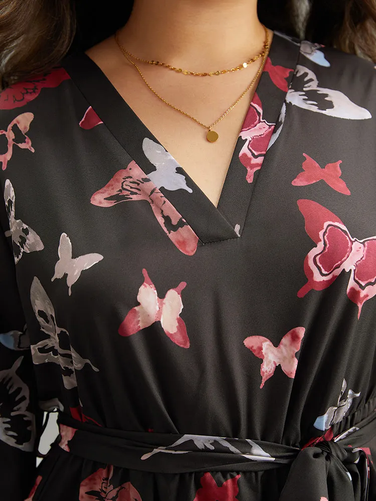 Butterfly Print Shirred Belted Layered Dress sold by Bloomchic product image thumbnail 5