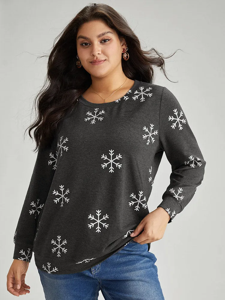 Snowflake Print Round Neck Sweatshirt sold by Bloomchic