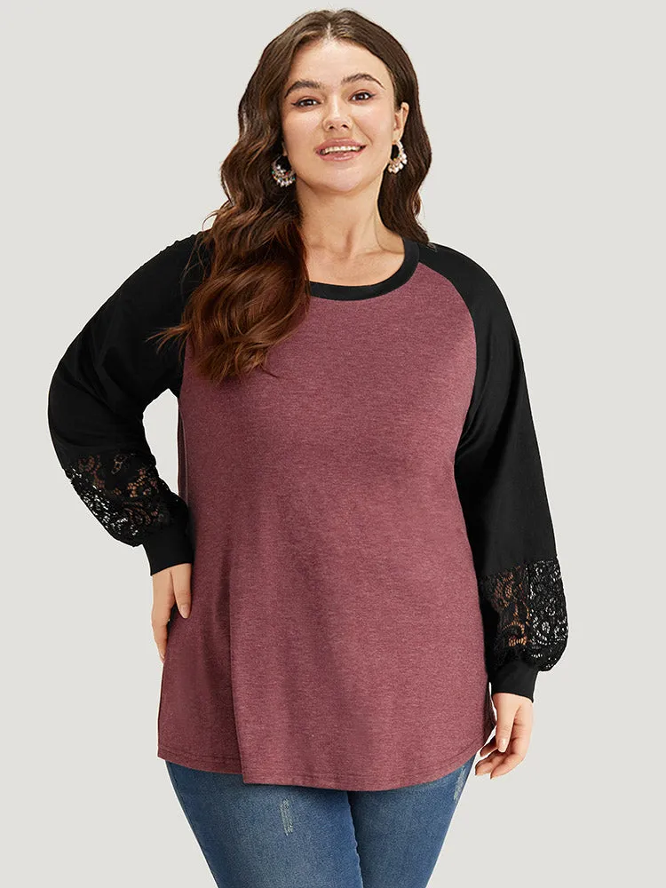 Round Neck Lace Patchwork Raglan Sleeve T-shirt sold by Bloomchic product image thumbnail 5