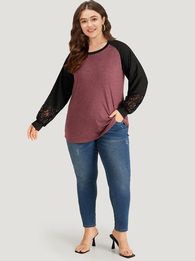 Round Neck Lace Patchwork Raglan Sleeve T-shirt sold by Bloomchic product image thumbnail 4