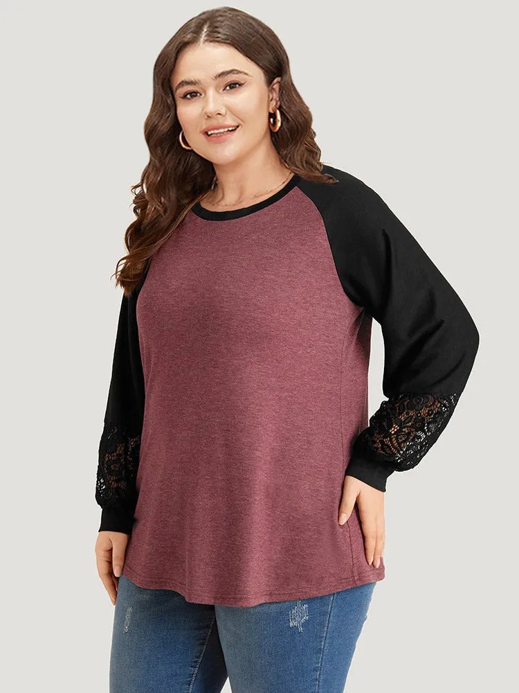 Round Neck Lace Patchwork Raglan Sleeve T-shirt sold by Bloomchic product image thumbnail 3