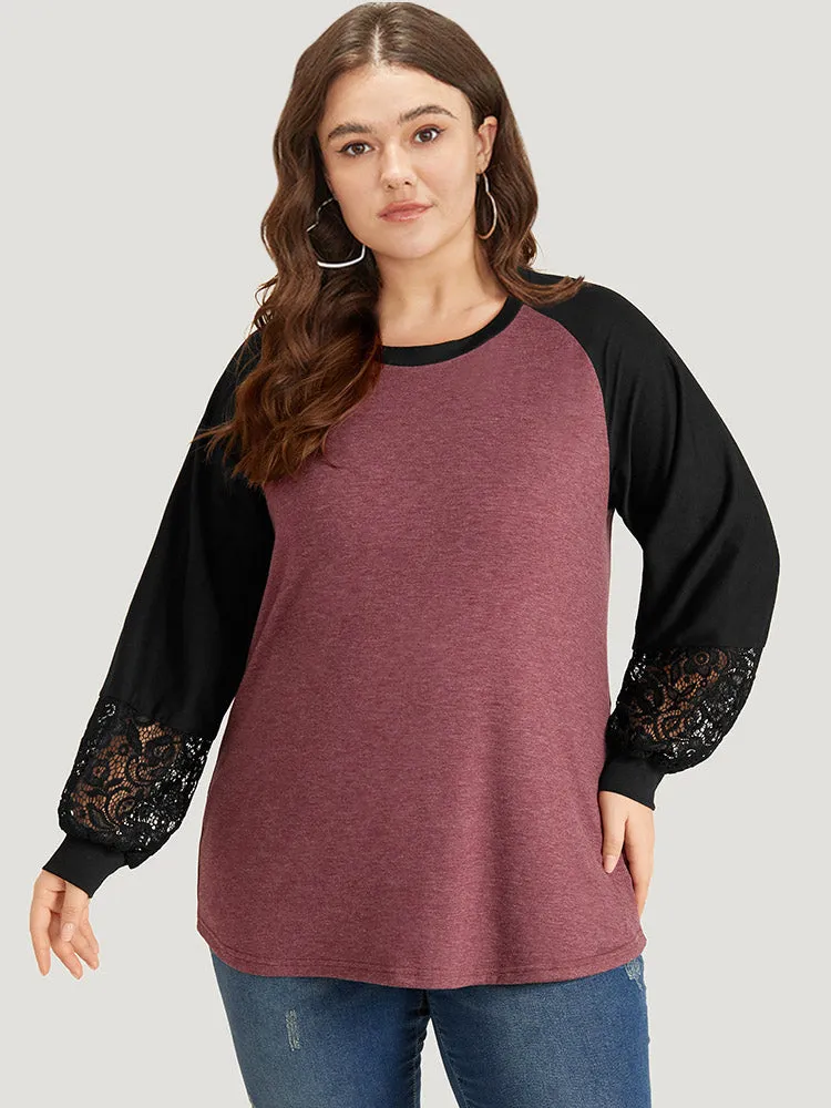 Round Neck Lace Patchwork Raglan Sleeve T-shirt sold by Bloomchic