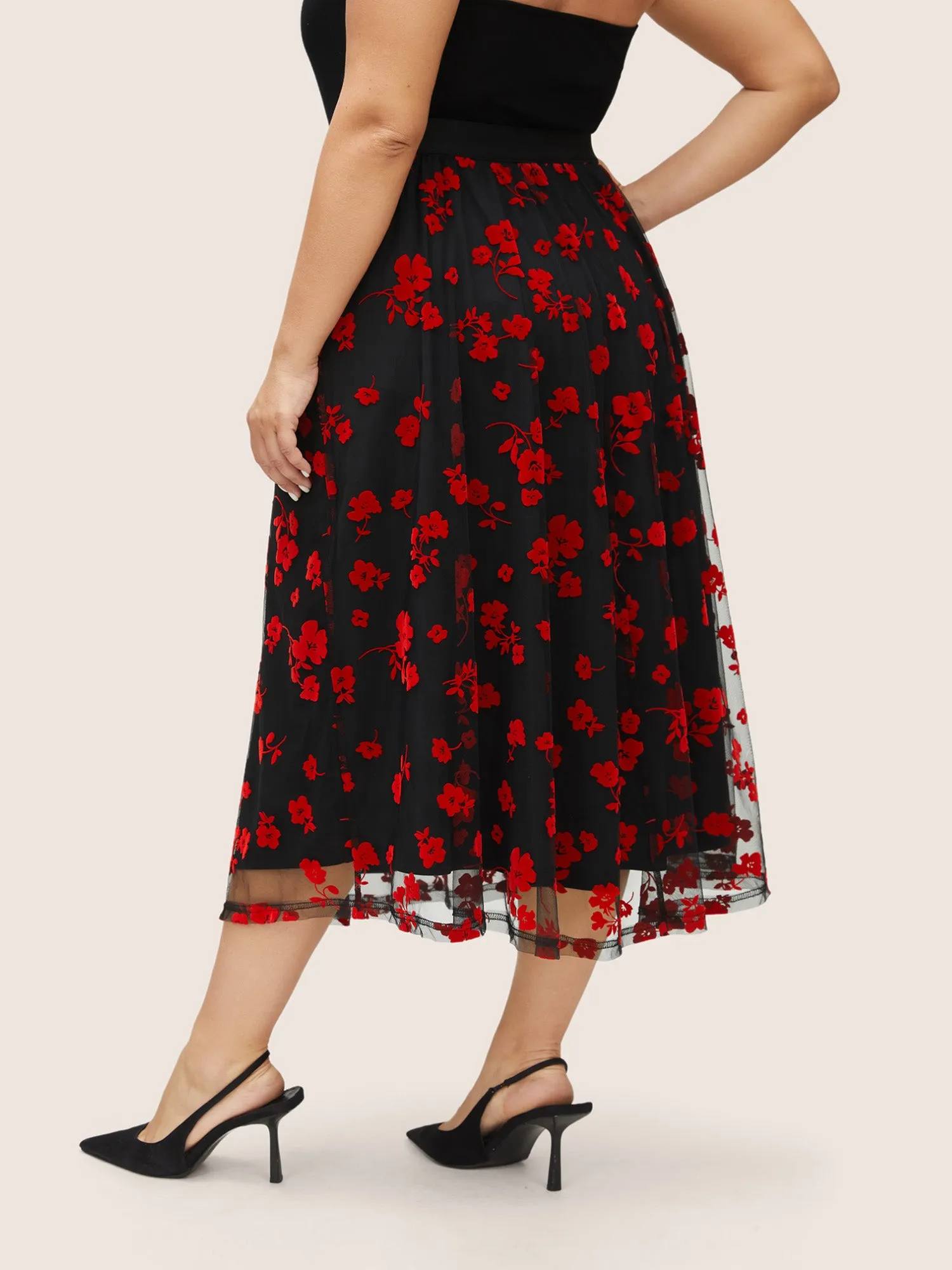 Flocking Floral Elastic Waist Midi Skirt sold by Bloomchic product image thumbnail 2
