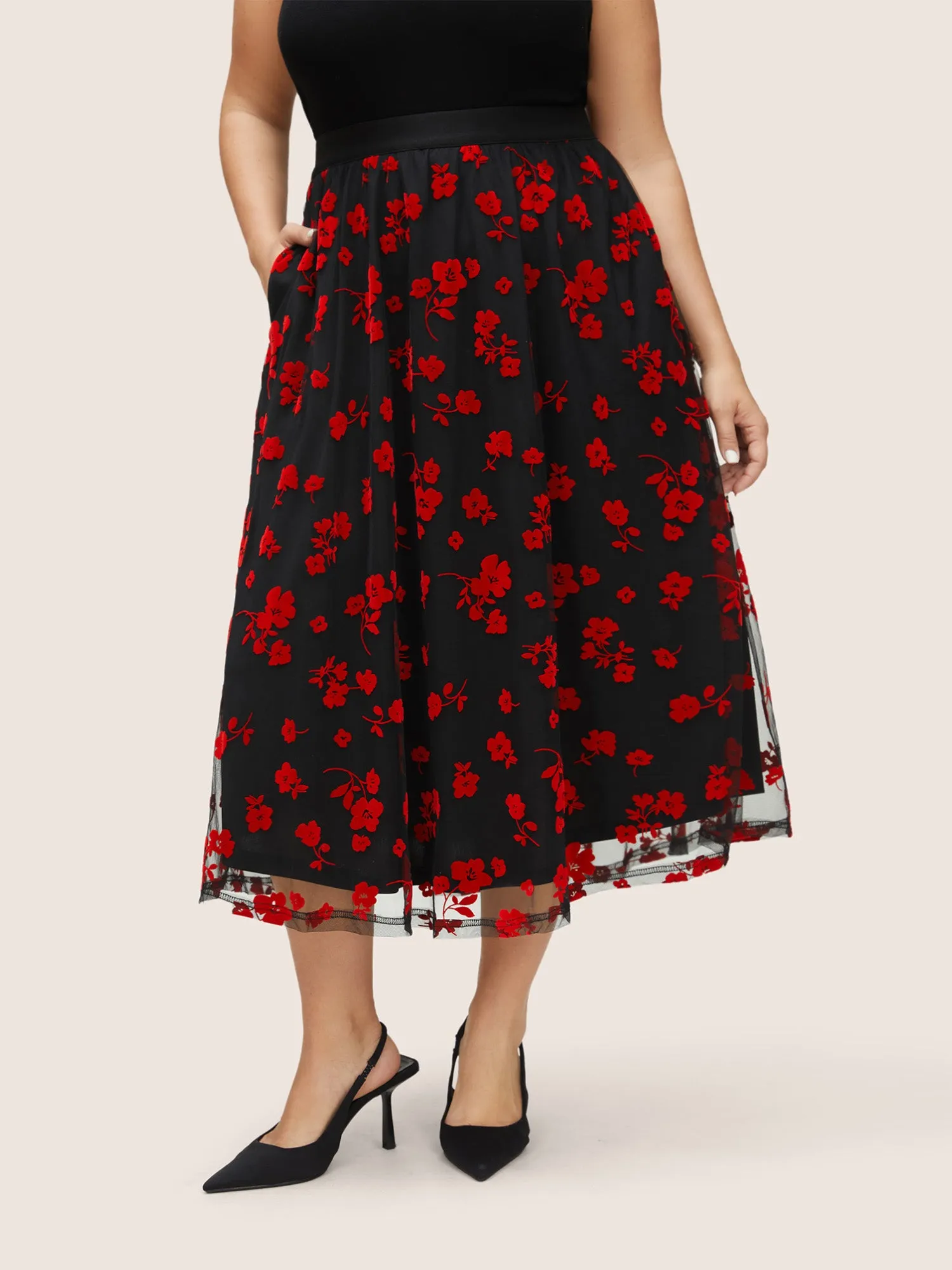 Flocking Floral Elastic Waist Midi Skirt sold by Bloomchic