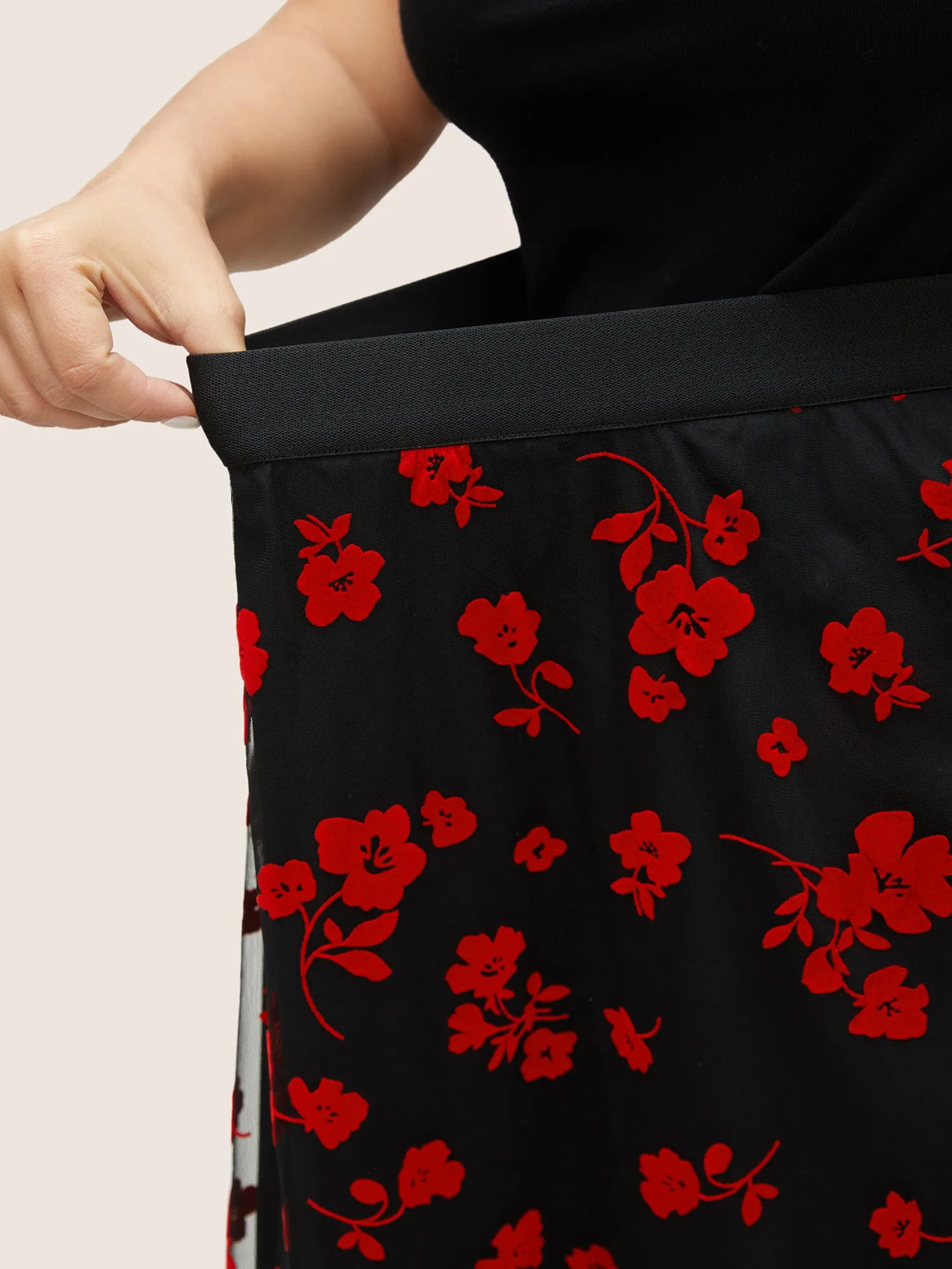 Flocking Floral Elastic Waist Midi Skirt sold by Bloomchic product image thumbnail 4