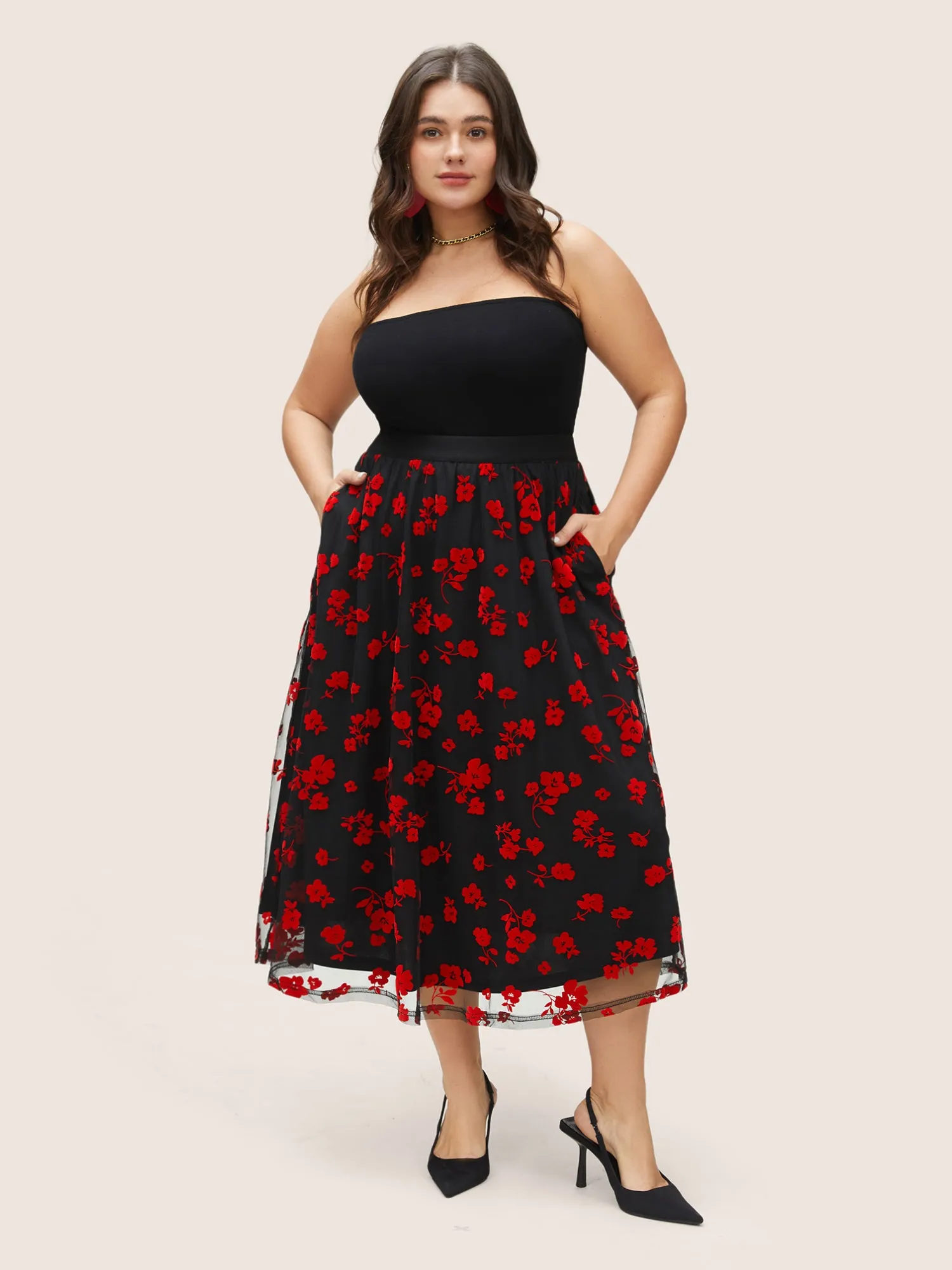 Flocking Floral Elastic Waist Midi Skirt sold by Bloomchic product image thumbnail 3