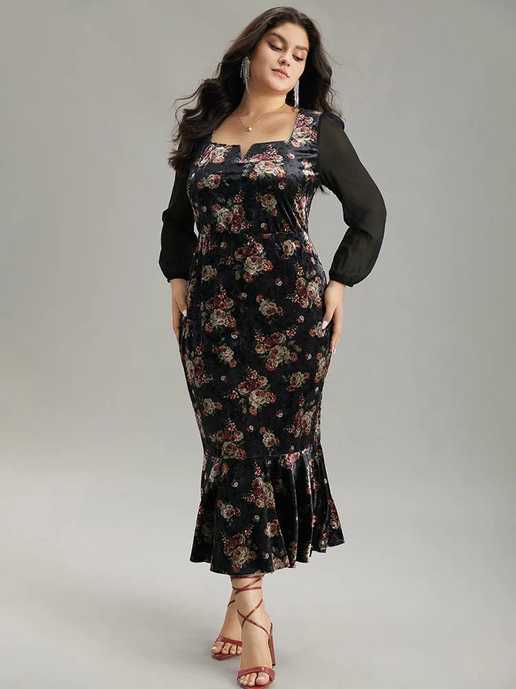 Velvet Floral Notched Ruffles Mermaid Hem Dress sold by Bloomchic