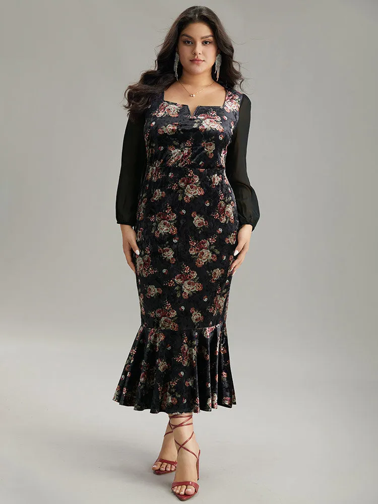 Velvet Floral Notched Ruffles Mermaid Hem Dress sold by Bloomchic product image thumbnail 5