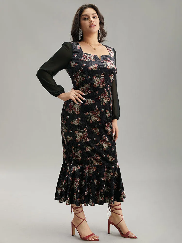 Velvet Floral Notched Ruffles Mermaid Hem Dress sold by Bloomchic product image thumbnail 2