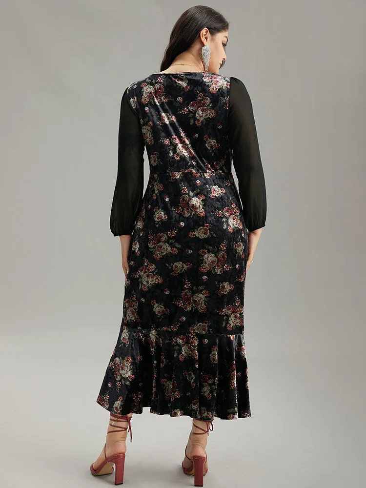 Velvet Floral Notched Ruffles Mermaid Hem Dress sold by Bloomchic product image thumbnail 3