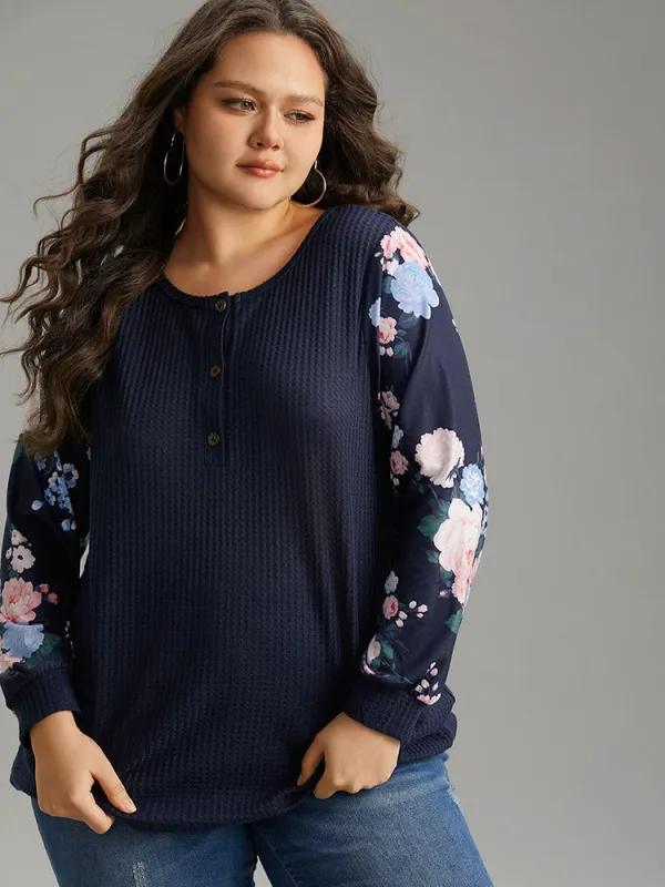 Waffle Knit Floral Patchwork Button Up T-shirt sold by Bloomchic