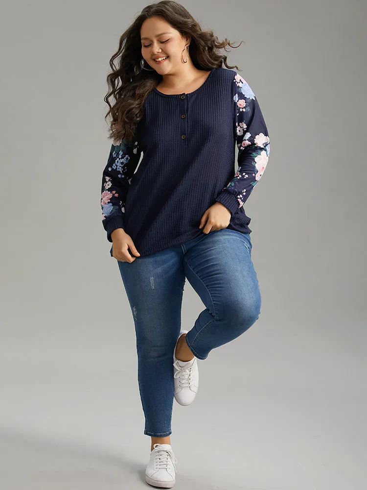 Waffle Knit Floral Patchwork Button Up T-shirt sold by Bloomchic product image thumbnail 4