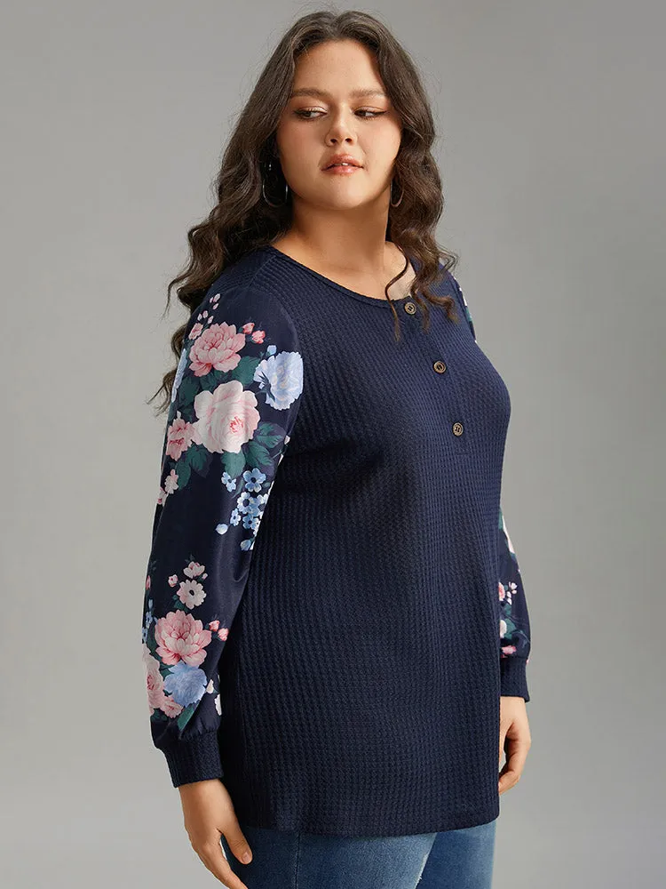 Waffle Knit Floral Patchwork Button Up T-shirt sold by Bloomchic product image thumbnail 3