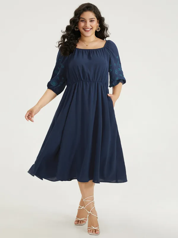 Floral Embroidered Pocket Square Neck Lantern Sleeve Dress sold by Bloomchic