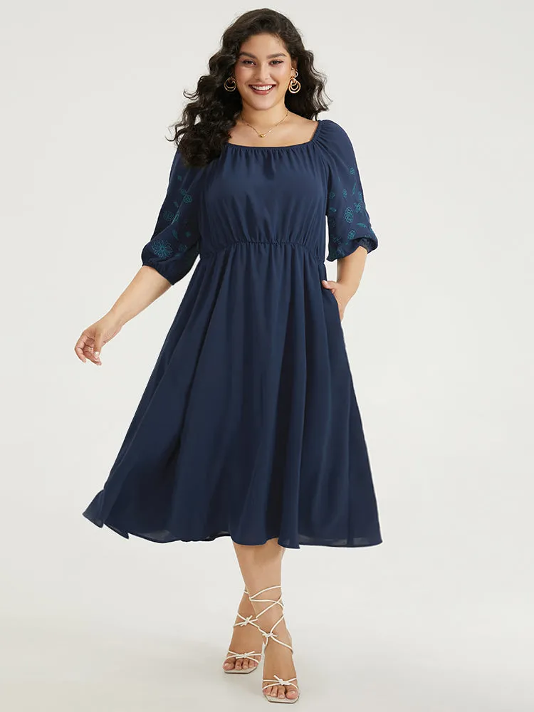 Floral Embroidered Pocket Square Neck Lantern Sleeve Dress sold by Bloomchic