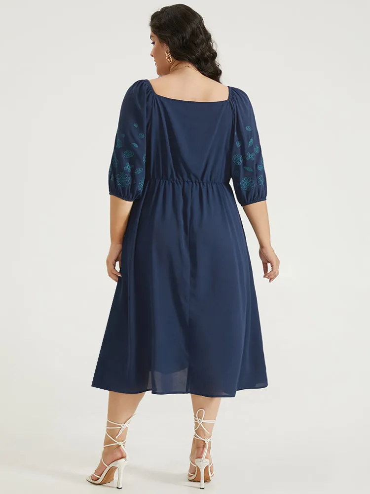 Floral Embroidered Pocket Square Neck Lantern Sleeve Dress sold by Bloomchic product image thumbnail 4