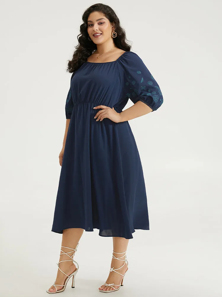 Floral Embroidered Pocket Square Neck Lantern Sleeve Dress sold by Bloomchic product image thumbnail 2