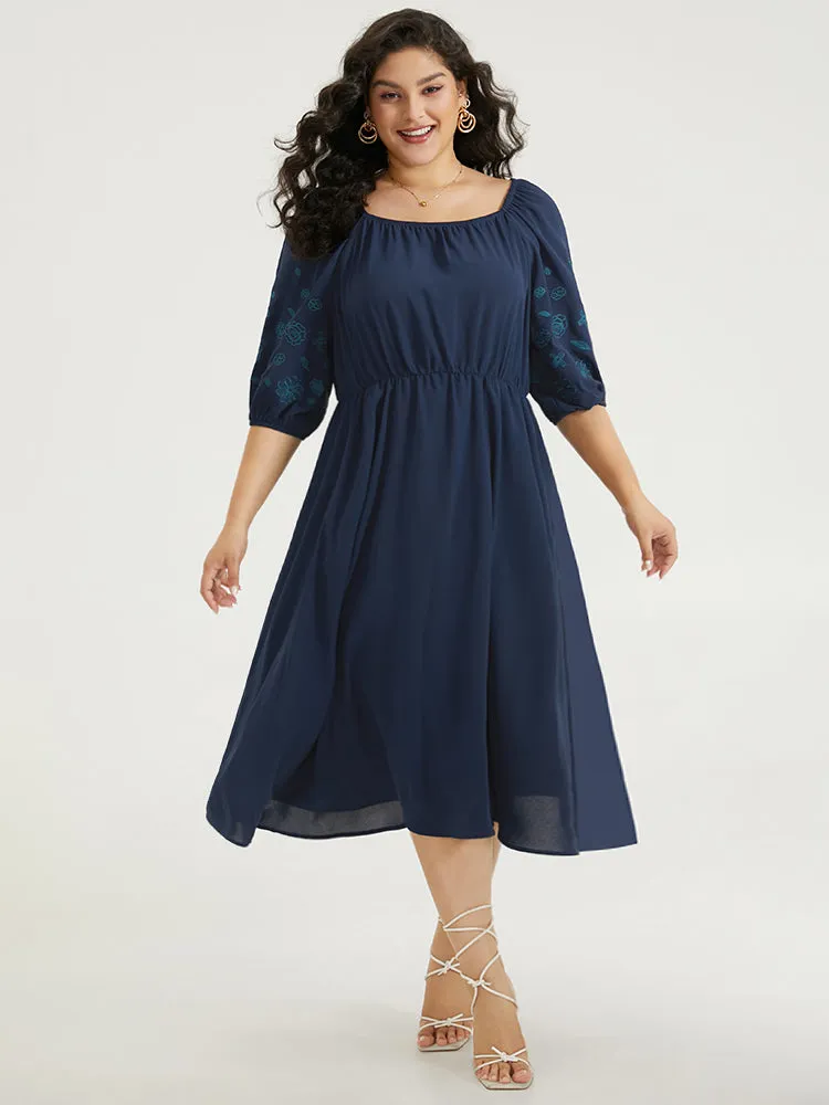 Floral Embroidered Pocket Square Neck Lantern Sleeve Dress sold by Bloomchic product image thumbnail 3